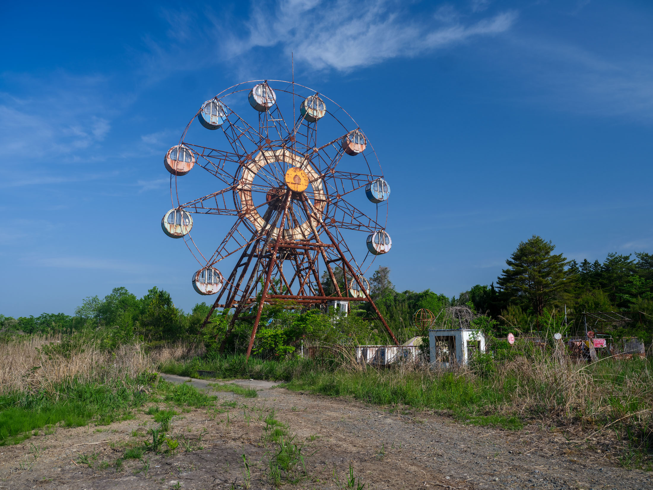 Rusty Ferris wheel in overgrown abandoned amusement park under blue sky