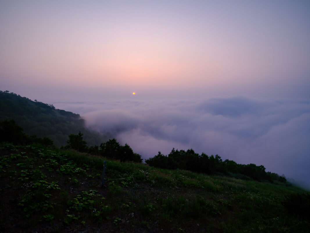 Dawn sea of clouds from mountain terrace, pastel sky and sun glowing through mist