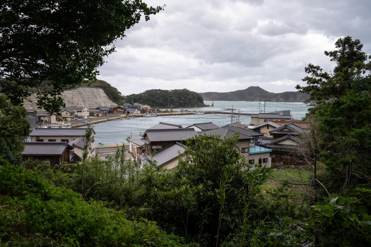 Overcast hillside view of coastal village rooftops, quiet harbor, and breakwater pier