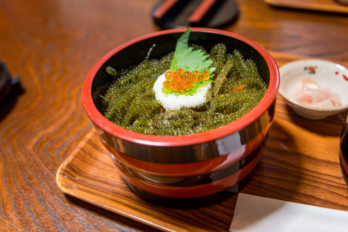 Okinawa sea grapes umibudo rice bowl topped with salmon roe and shiso leaf