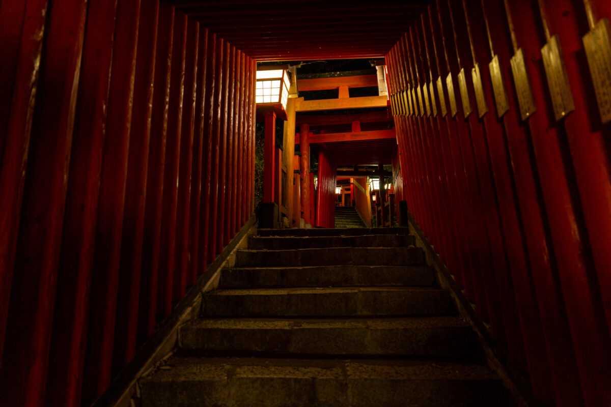 Vermilion torii gate tunnel over stone steps at Taikodani Inari-jinja Shrine, Japan.
