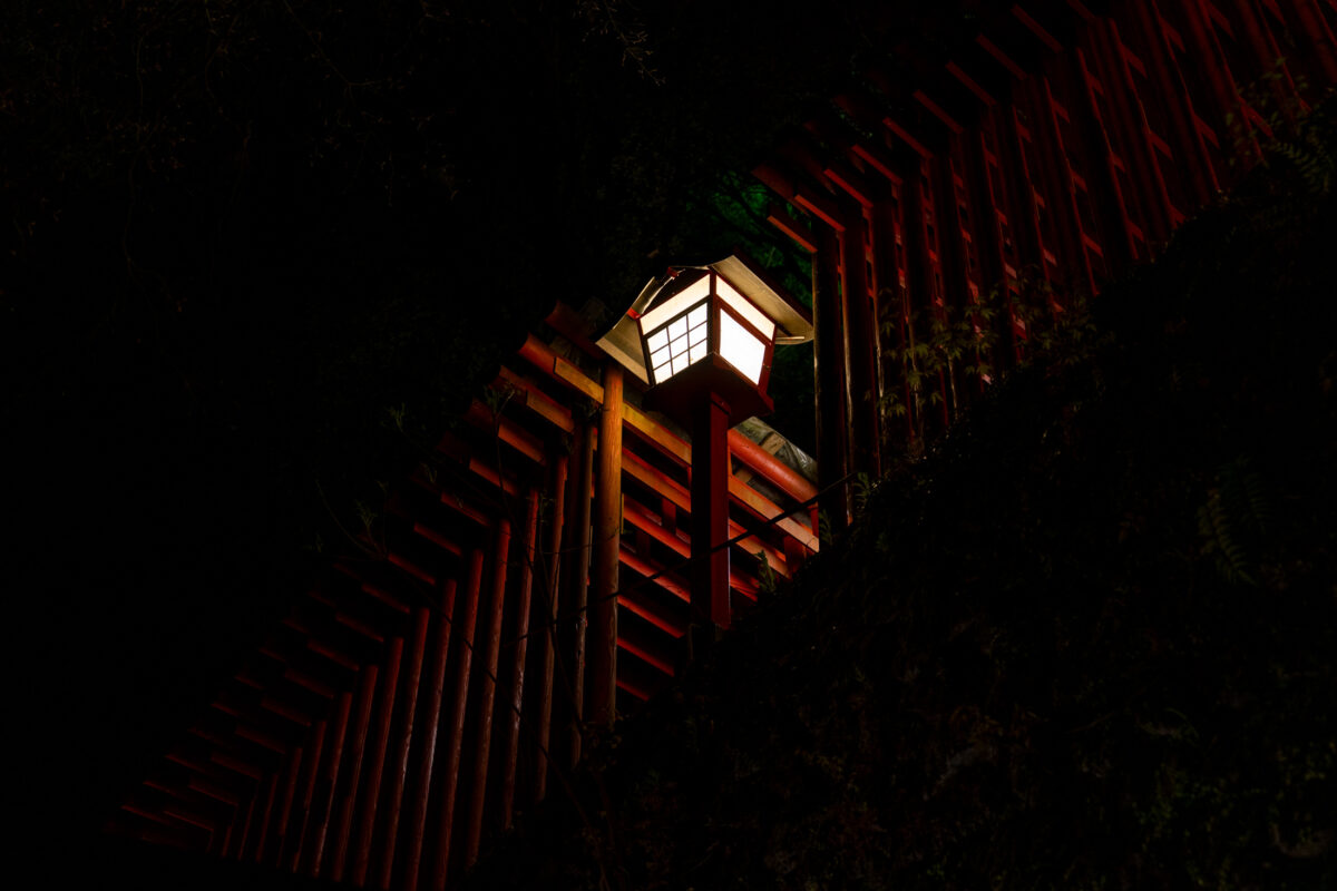 Glowing lantern along vermilion torii gates at Taikodani Inari-jinja Shrine at night.