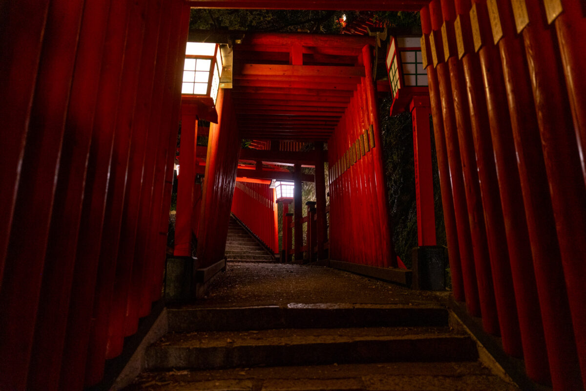 Vermilion torii gate tunnel and stone steps at Taikodani Inari Shrine, Japan