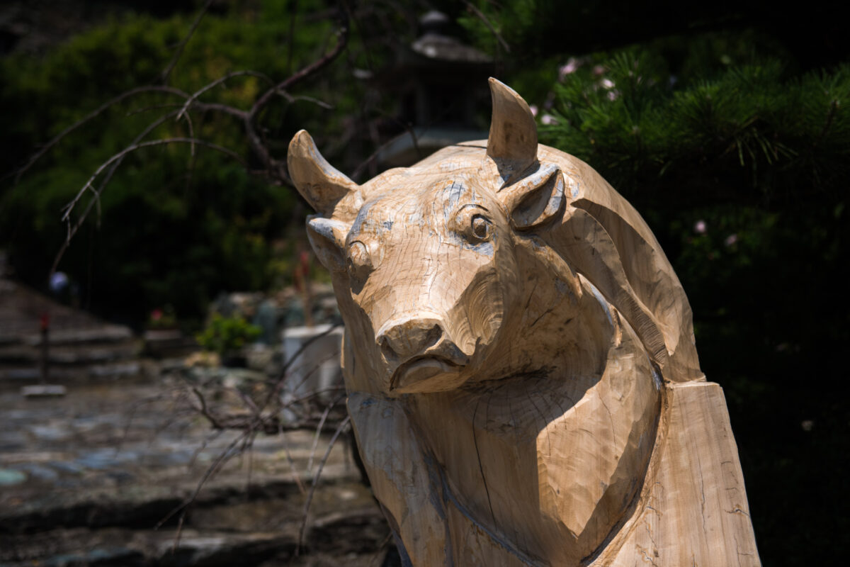 Carved wooden ox statue at Wakaura Tenmangu Shrine, Wakayama, Japan