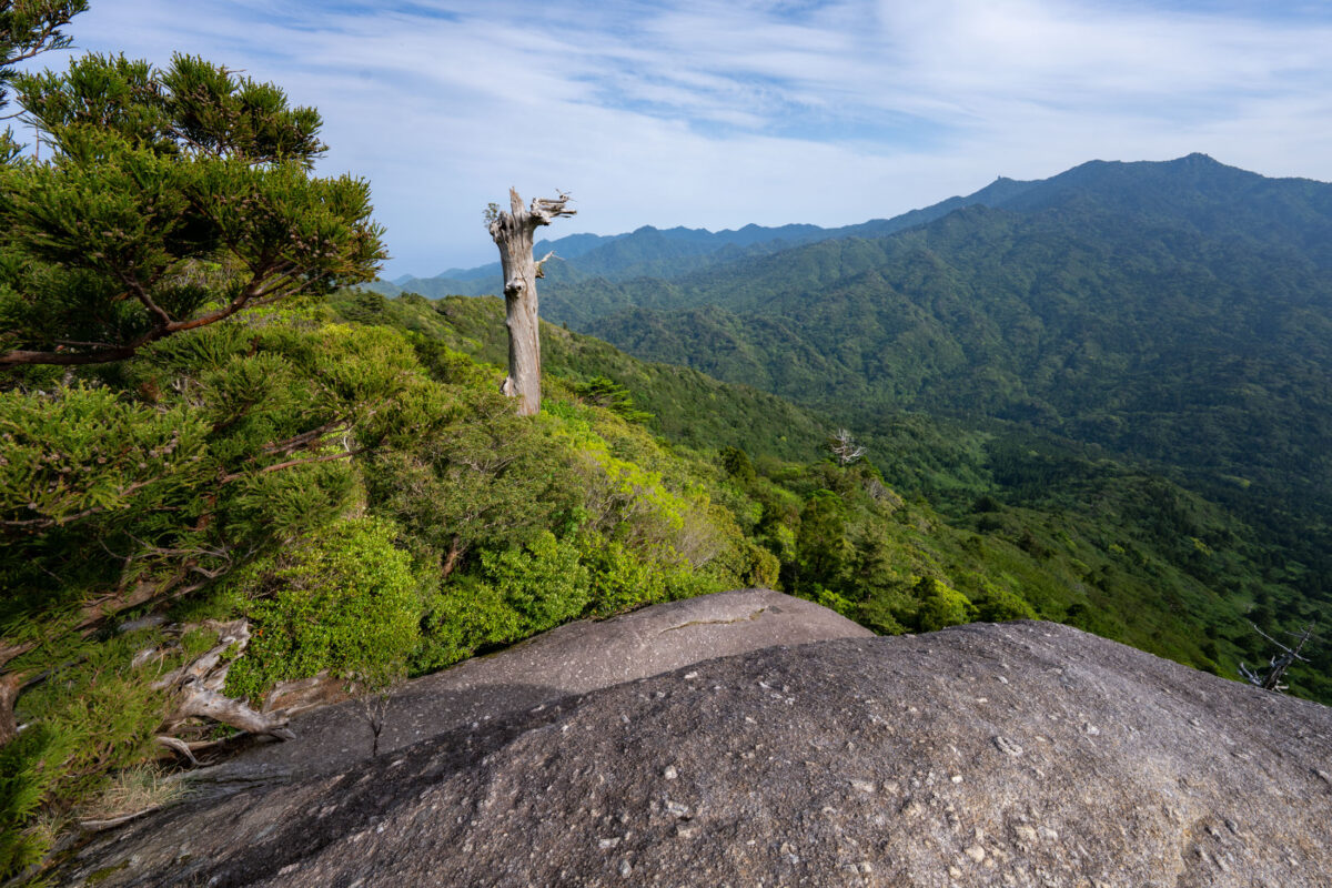 Shiratani Unsui Gorge overlook with rocky ledge, evergreen forest, and distant mountain ridges.