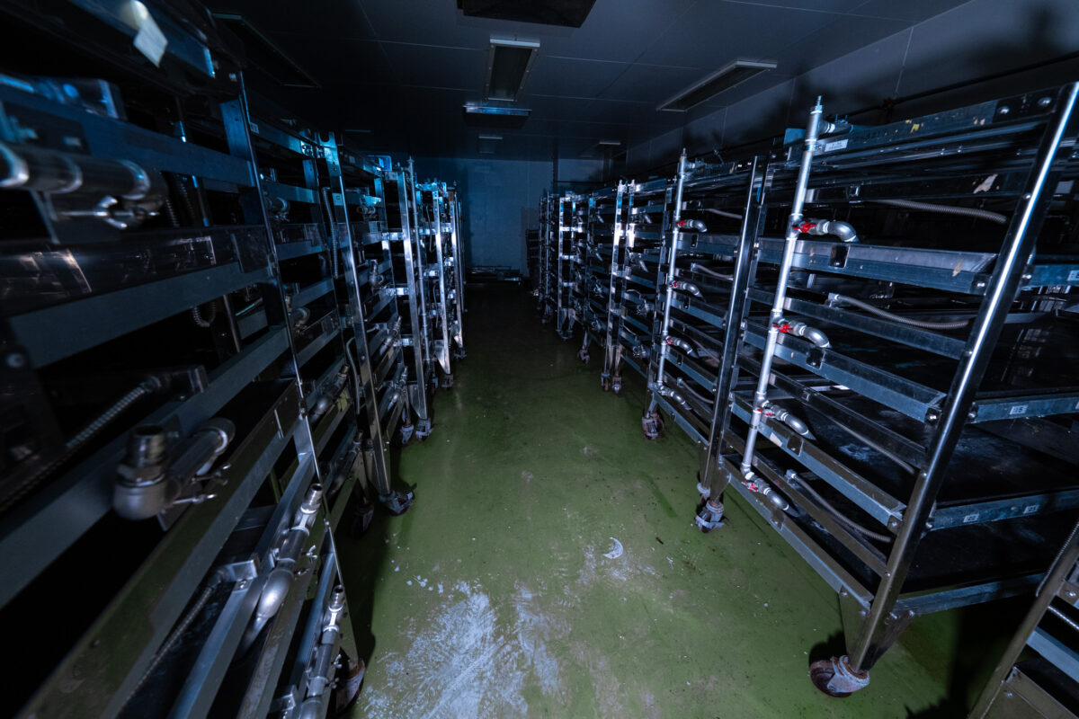 Sterile animal research lab corridor with stainless steel racks and stacked cages