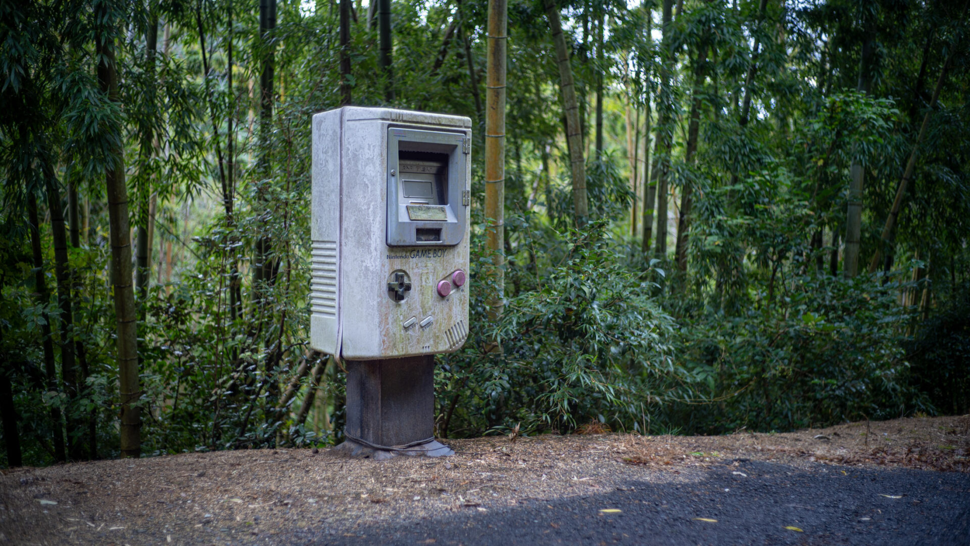 Giant weathered Game Boy mailbox beside a paved forest path among dense green trees.