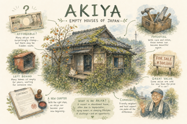 Illustration aquarelle d'une akiya japonaise : maison traditionnelle vide, jardin envahi, outils de rénovation, hanko, voisin, chat sur la véranda