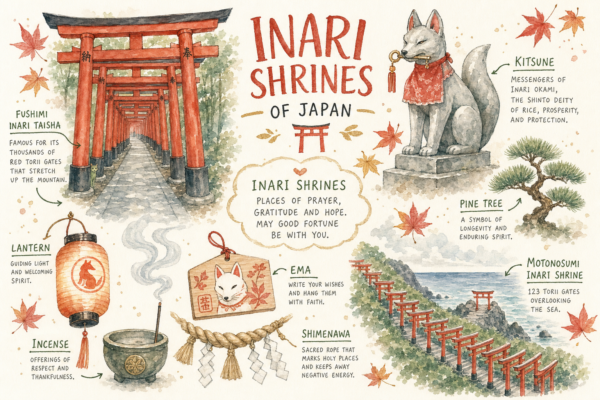 Illustration aquarelle des sanctuaires Inari : torii rouges, kitsune, Fushimi, Motonosumi