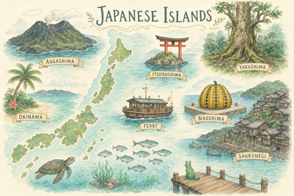 Illustration aquarelle des îles japonaises : Setouchi, Okinawa, Aogashima volcanique, Yakushima, Naoshima art-pumpkin