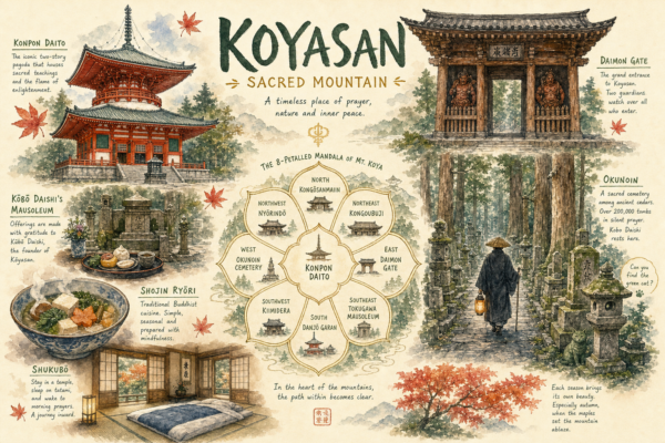 Illustration aquarelle de Koyasan : Konpon Daitō, Daimon, Okunoin, moine, shōjin ryōri, shukubo, mandala