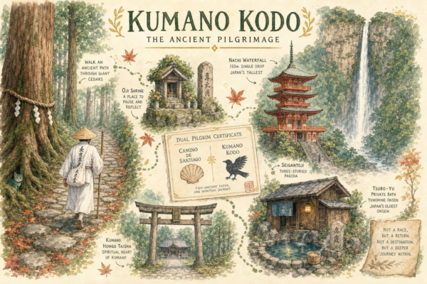 Illustration aquarelle du Kumano Kodo : sentier de pèlerinage, cèdres, oji shrine, pèlerin, cascade de Nachi, pagode Seigantoji, Tsubo-yu, certificat Dual Pilgrim