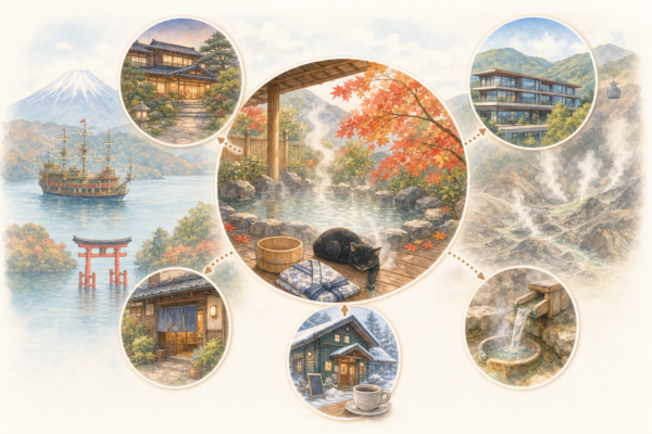 Illustration aquarelle pastel d'un rotenburo de ryokan avec vapeur, entouré d'icônes de types d'hébergements à Hakone