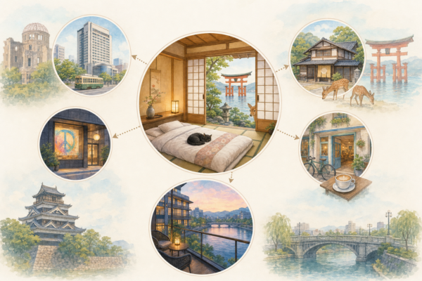 Illustration aquarelle pastel d'un futon de ryokan Miyajima avec vue sur le torii flottant, entouré d'icônes de types d'hébergements à Hiroshima