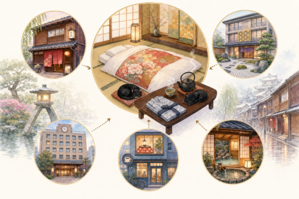 Illustration aquarelle pastel d'un futon ryokan sur tatami avec théière, entouré d'icônes de types d'hébergements à Kanazawa
