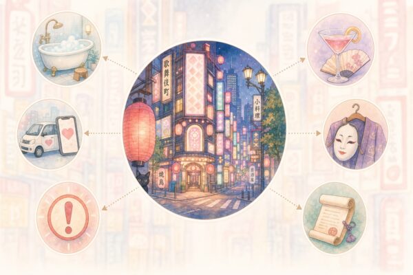 Illustration pastel des quartiers et lieux du fuzoku au Japon