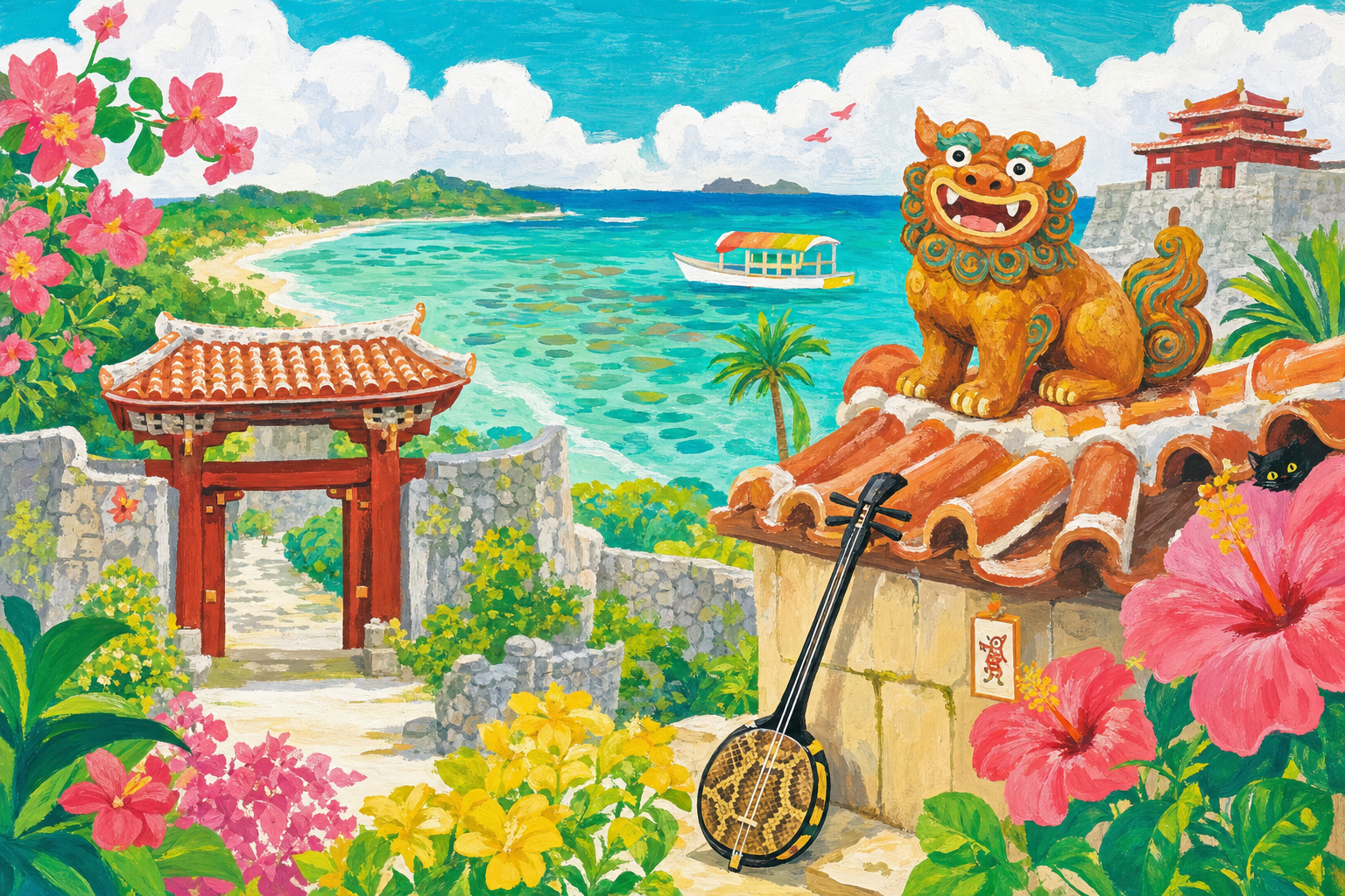 Okinawa en gouache Pop 60 : la mer turquoise, le shisa et le château rouge