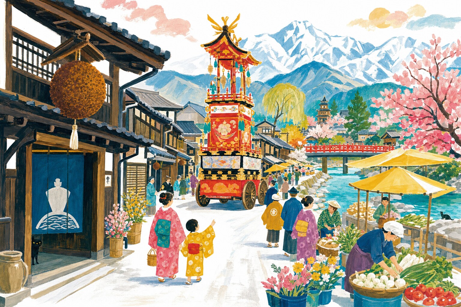 Takayama en gouache Pop 60 : la rue marchande, le sugidama et le char de festival