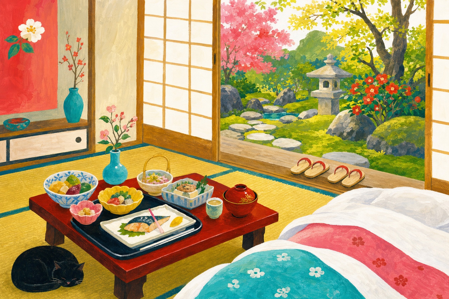 Les meilleurs ryokan en gouache Pop 60 : la chambre en tatami et le plateau de kaiseki