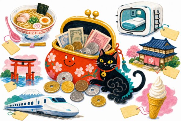 Le budget d'un voyage au Japon en gouache Pop 60 : porte-monnaie et petites icônes