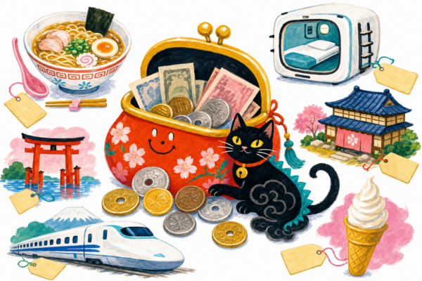 Le budget d'un voyage au Japon en gouache Pop 60 : porte-monnaie et petites icônes