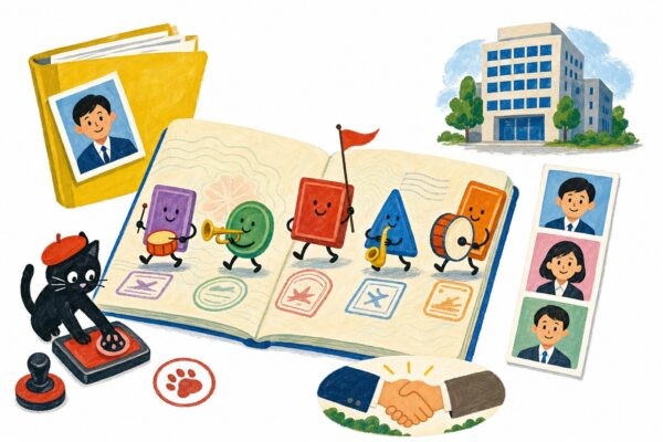 Les visas de travail au Japon en gouache Pop 60 : la parade des tampons