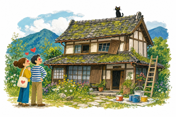 Acheter une akiya en gouache Pop 60 : la vieille maison et le chat déjà propriétaire