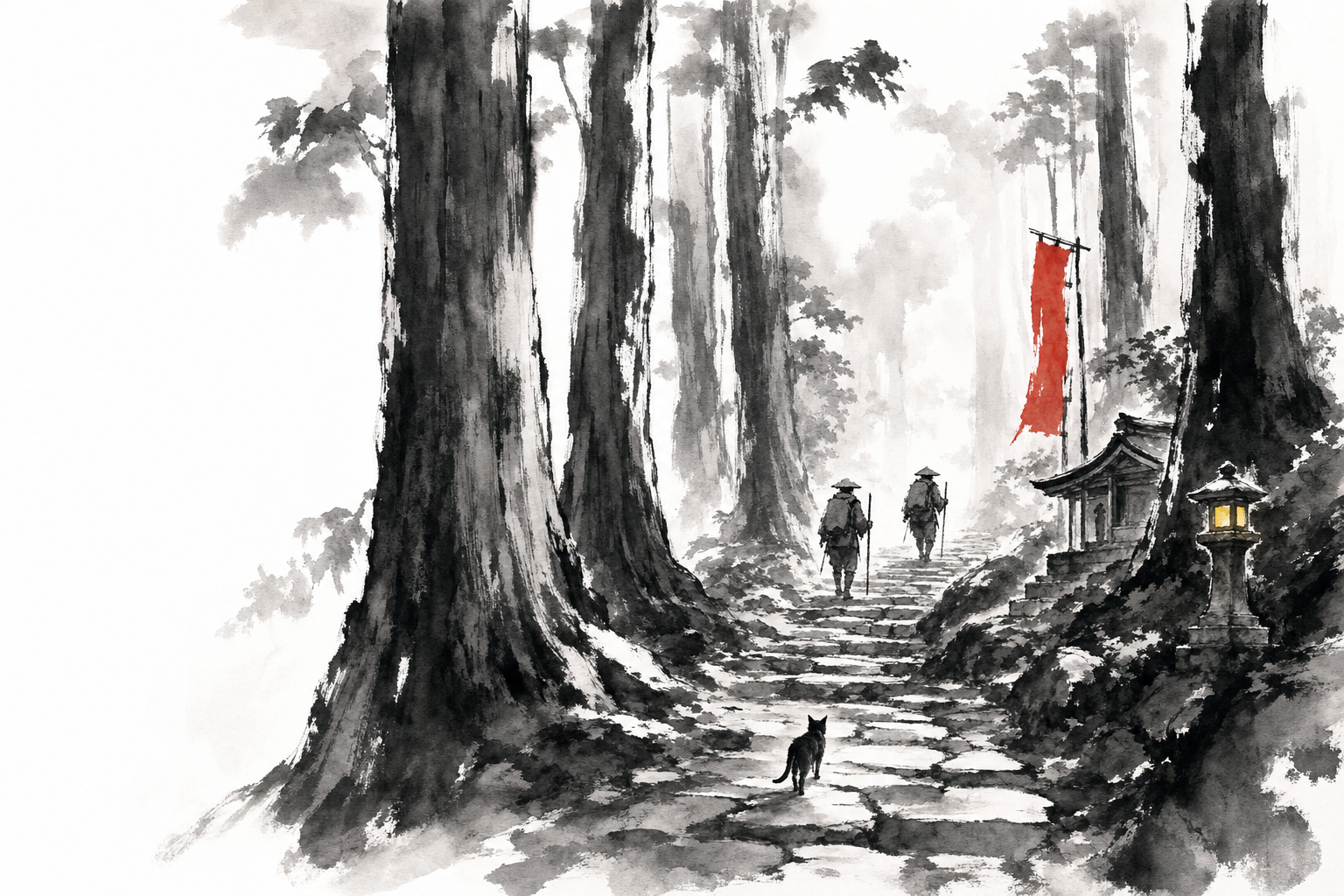 Le Kumano Kodo en sumi-e : le sentier pavé sous les cèdres, deux pèlerins et le chat en tête