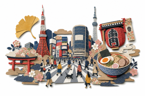 Tokyo en papier découpé : le carrefour de Shibuya entouré des icônes de la ville