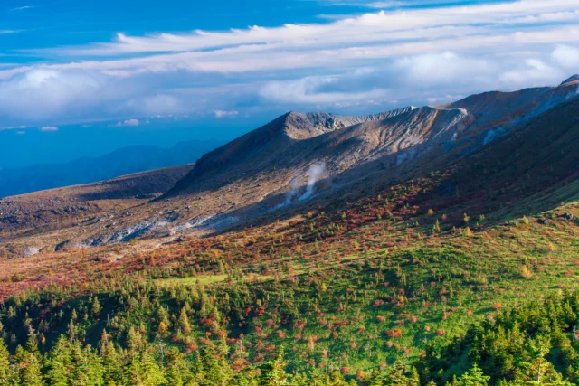 Autumn hues cascade, Whispering steam paints the air— Nature's warm embrace. ---秋の色が 囁く蒸気の空― 自然の抱擁。 ---#MountAsahidake #Hokkaido #autumncolors #volcanicbeauty #naturetherapy #offbeatjapan #japan